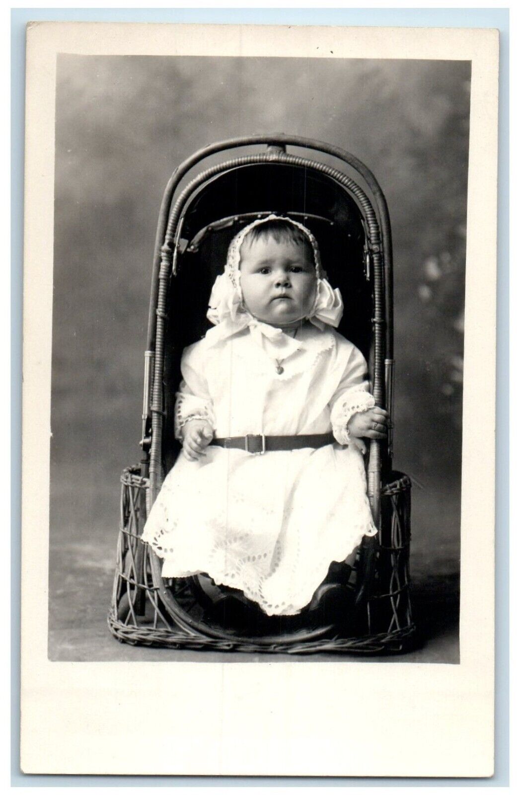 c1910's Cute Baby Girl Dress White Stroller Studio Portrait RPPC Photo Postcard