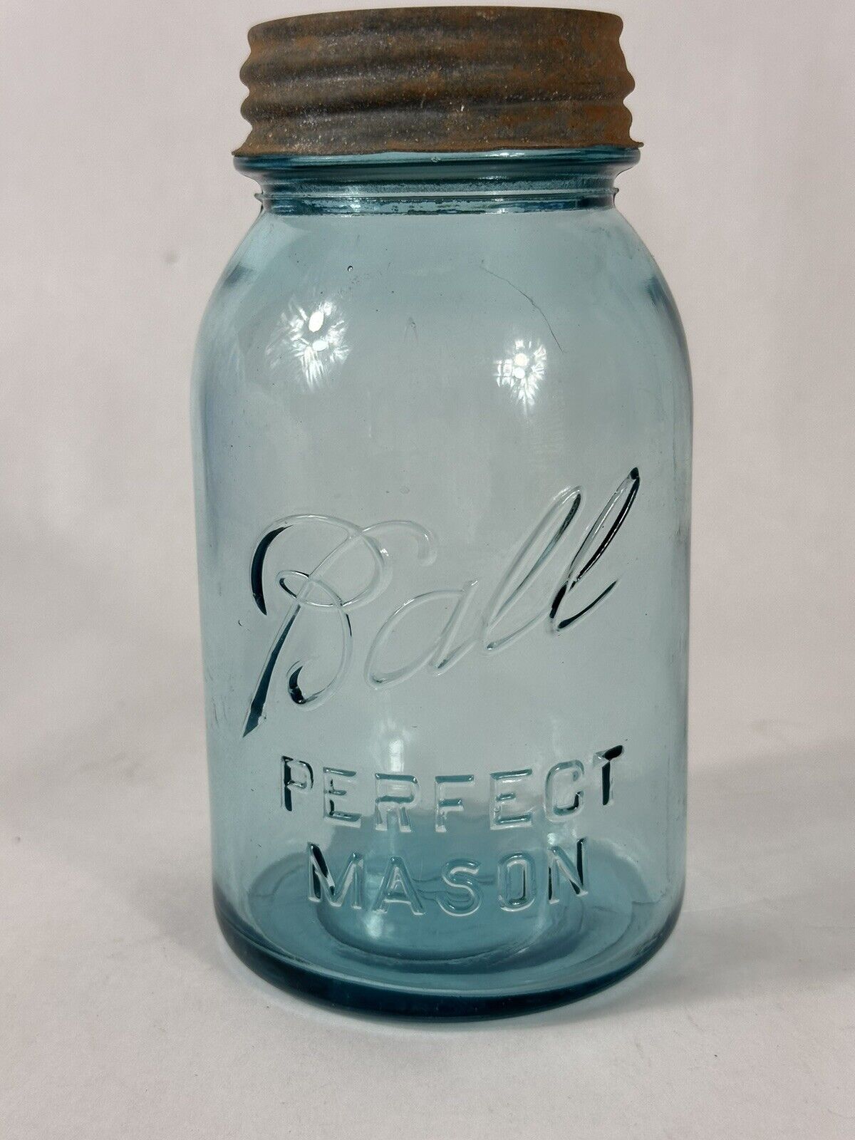 Vintage Quart Jar Ball Perfect Mason #10 Vintage Aqua Blue With Zinc Lid