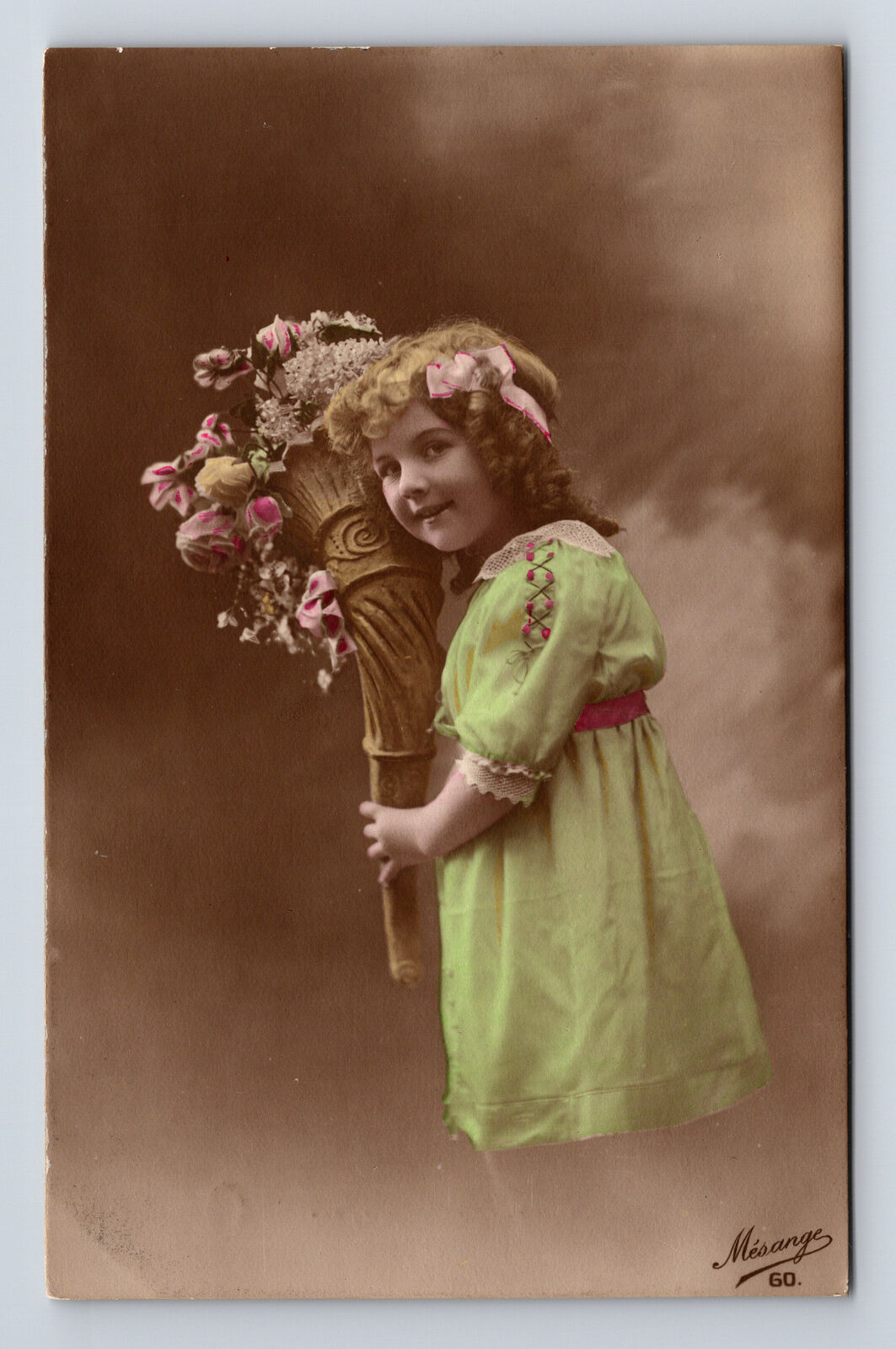 RPPC Hand Colored Portrait of Young French Girl Flowers Real Photo Postcard