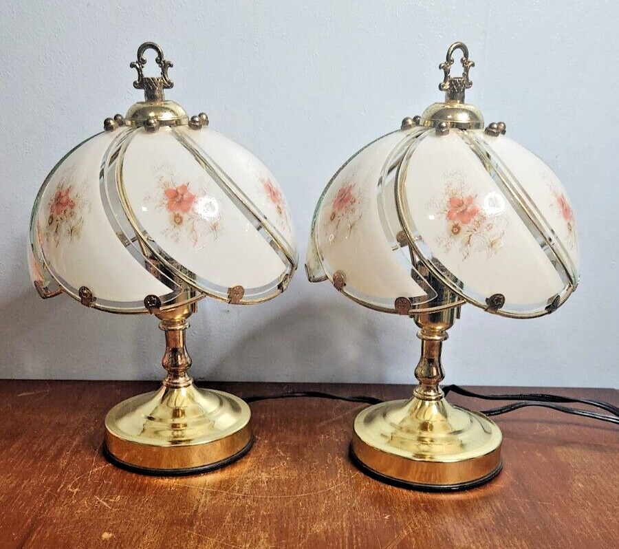  Pair of Vintage Gold Floral 3 Way Touch Lamps - Pink Flowers - Works great