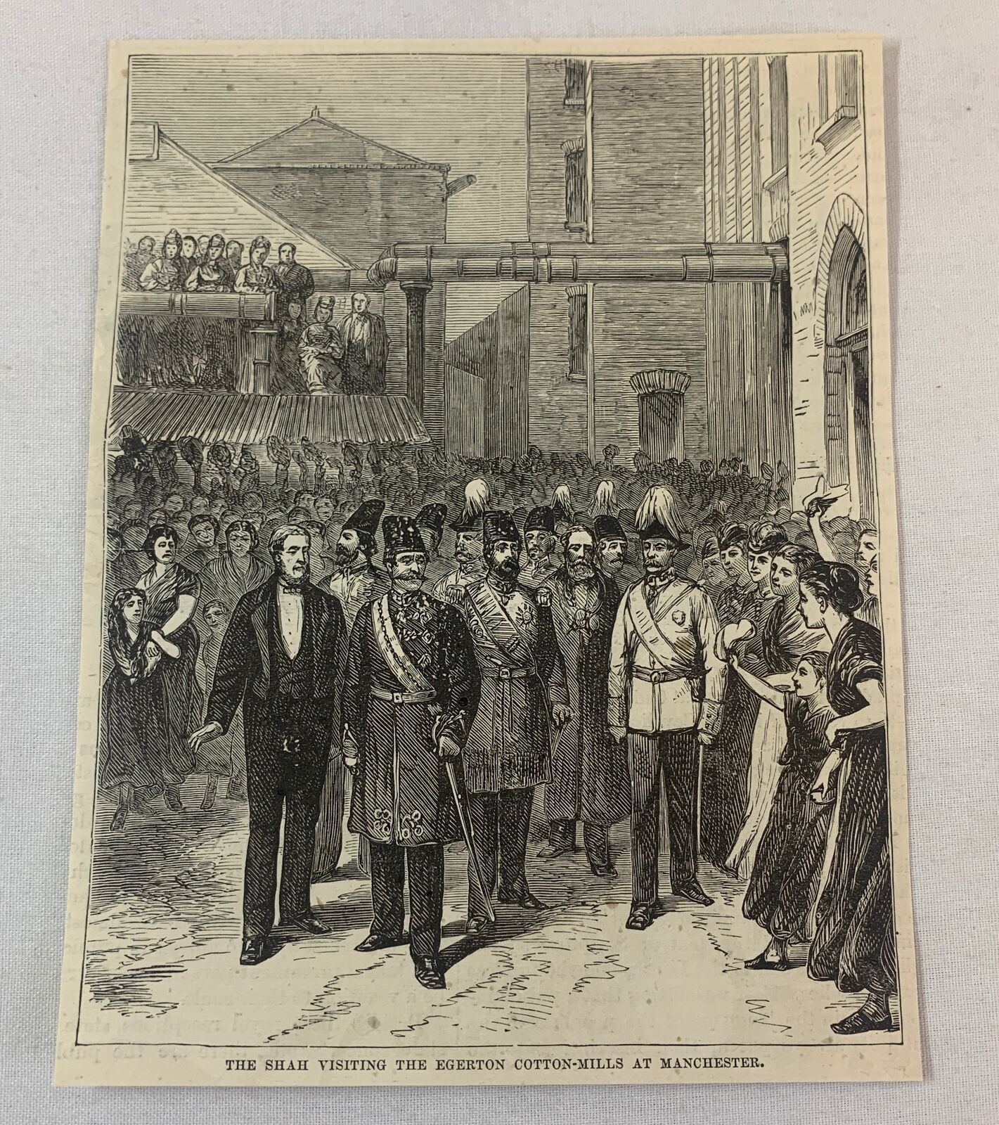 1876 magazine engraving~ SHAH VISITING EGERTON COTTON MILLS Manchester