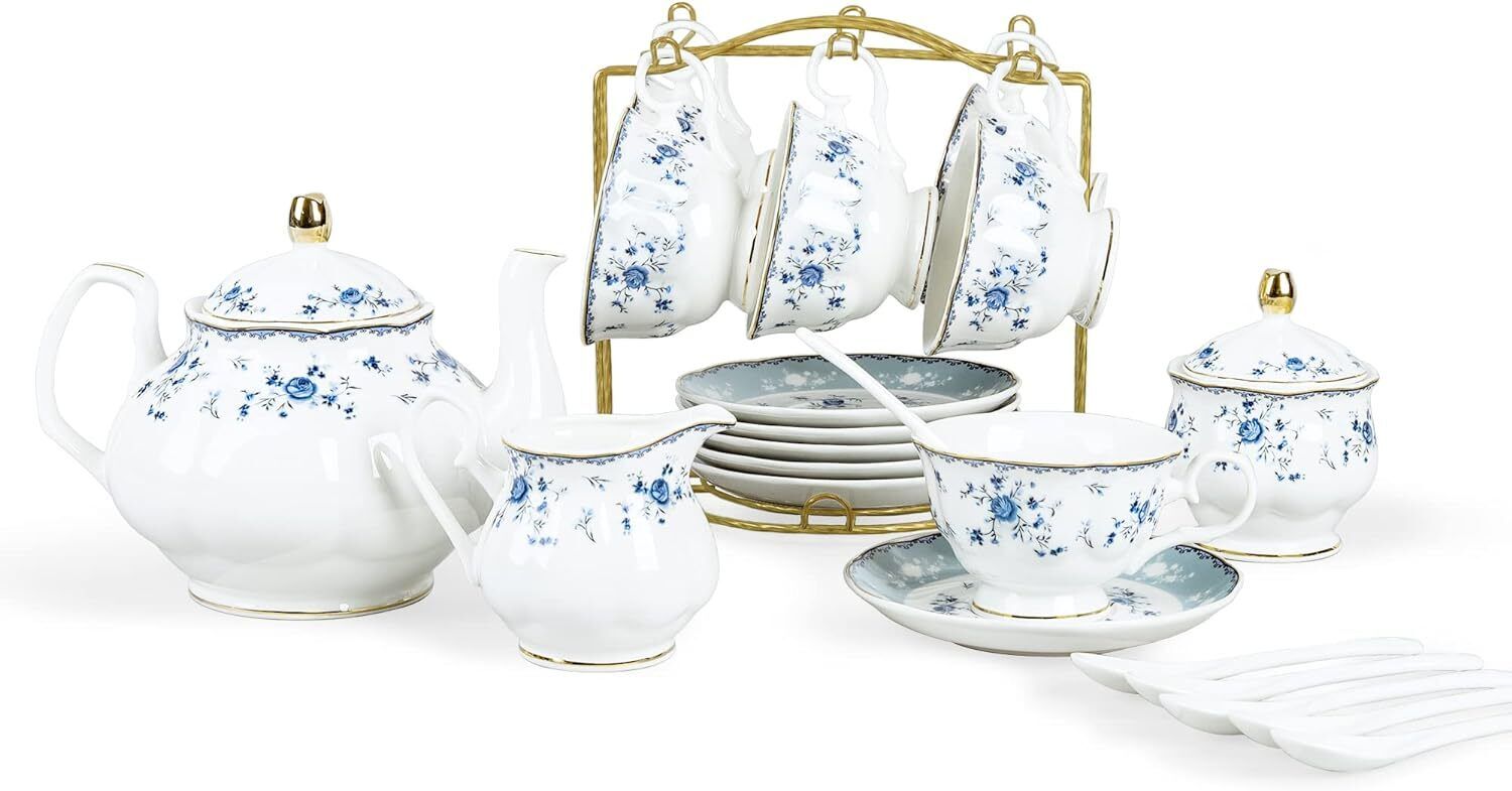 15 pieces blue rose  tea set, English flower teapot and tea cup, set of 6 pieces