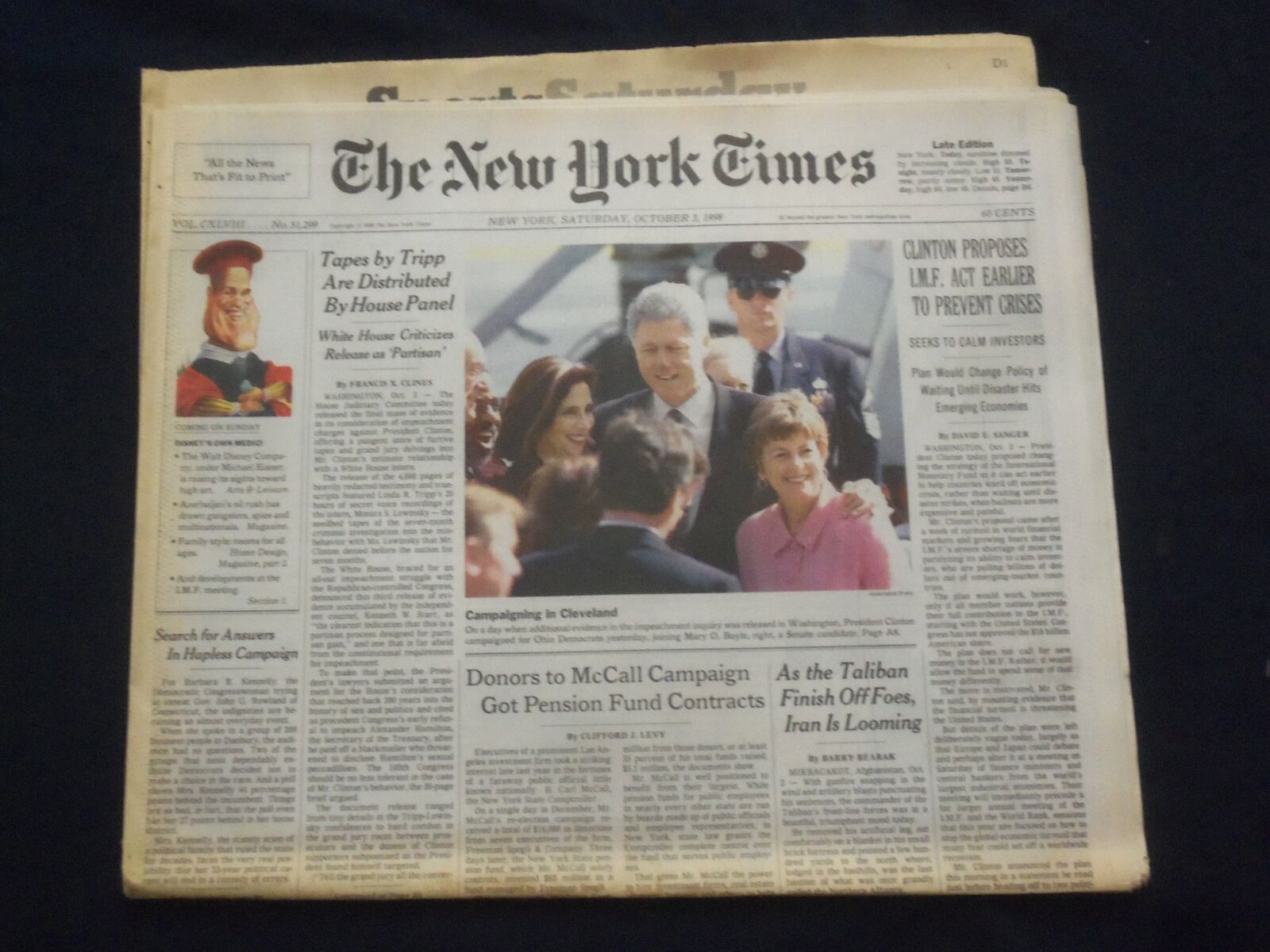 1998 OCT 3 NEW YORK TIMES NEWSPAPER - CLINTON PROPOSES IMF ACT EARLIER - NP 7092