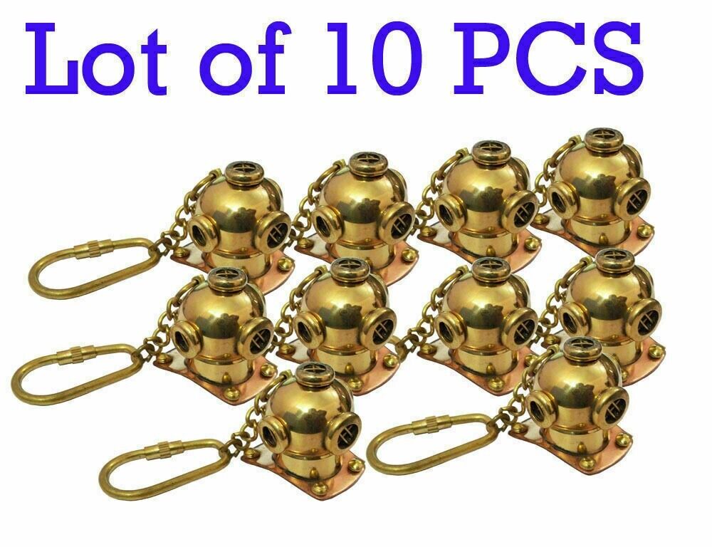 LOT OF 10 PCS GOLDEN FINISH DIVING HELMET KEY CHAIN BRASS VINTAGE MARINE GIFT