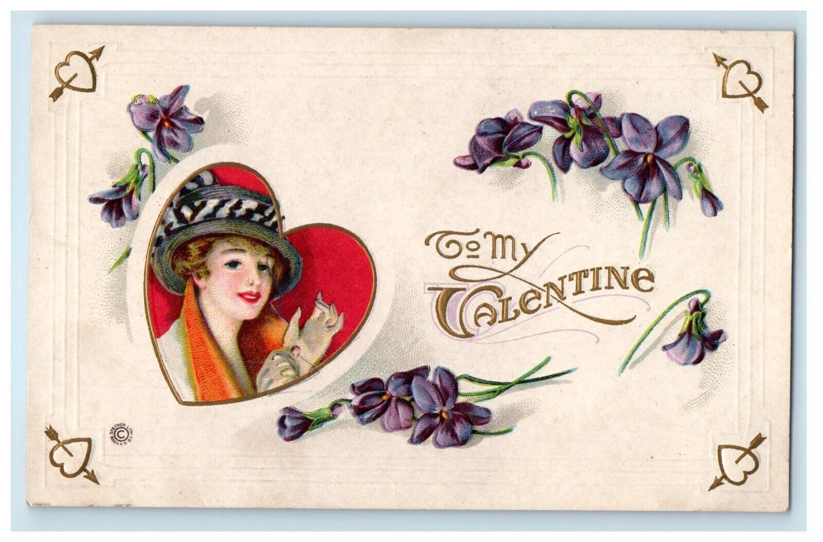 c1910's Valentine Pretty Girl Heart And Pansies Flowers Embossed Postcard