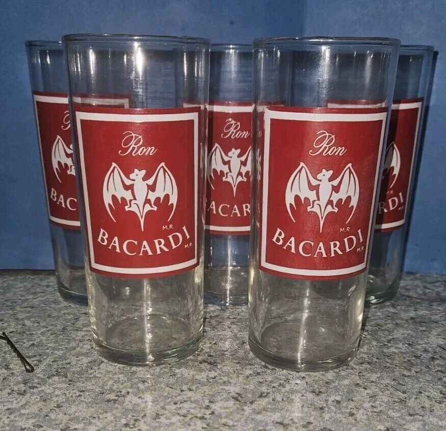 VINTAGE Ron Bacardi Glass Bat Logo Set Of 5 RARE Red Drink Mixed Collector Fancy