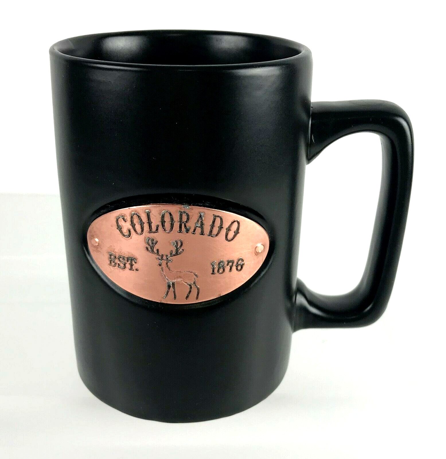 Colorado est. 1876 Tall  black Ceramic Coffee Cup Mug copper medallion 5in tall