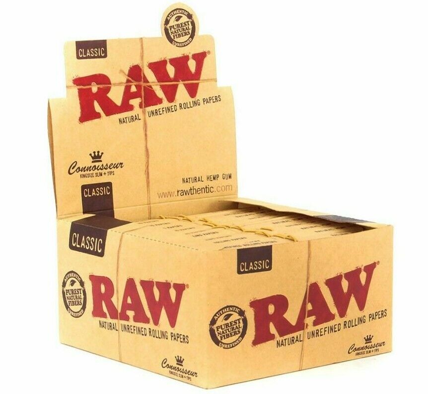 AUTHENTIC Raw Classic Connoisseur King Size Slim with Tips Rolling Paper 24 Box