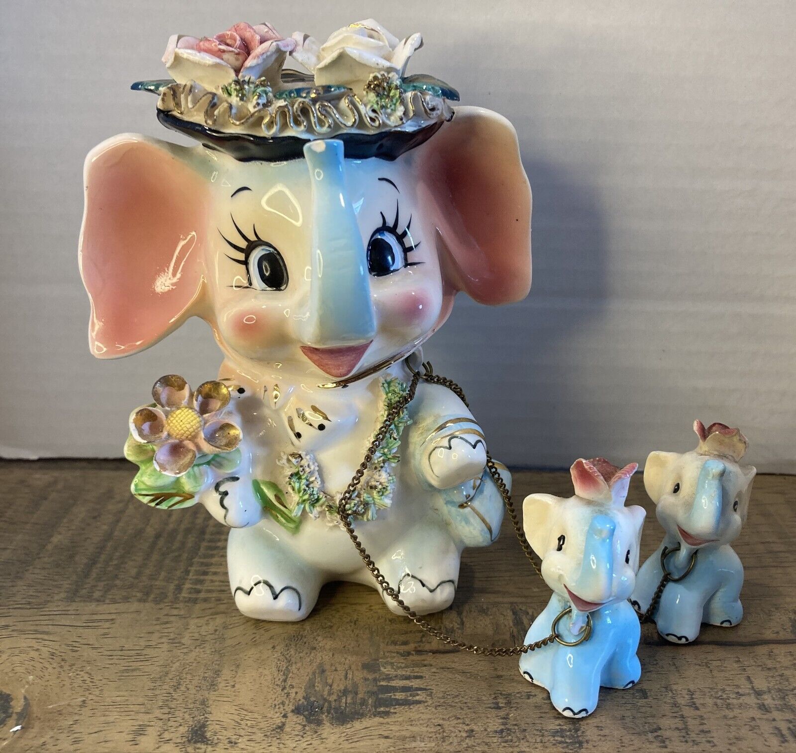 Vintage Fairyland Momma Elephant with Chained Babies Hand Painted Japan