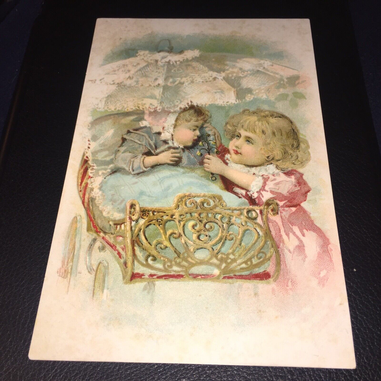 VICTORIAN 1880’s BABY IN STROLLER WITH SISTER HOLDING AN UMBRELLA OVER HER CARD