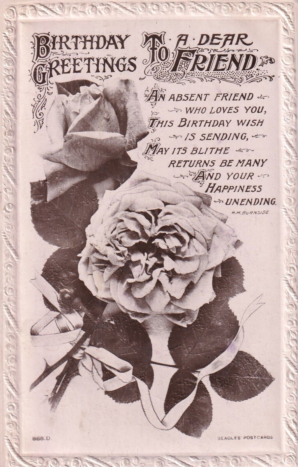 VICTORIAN RPPC Postcard To A DEAR FRIEND VTG DIVIDED BACK Black&White ROSE-J622