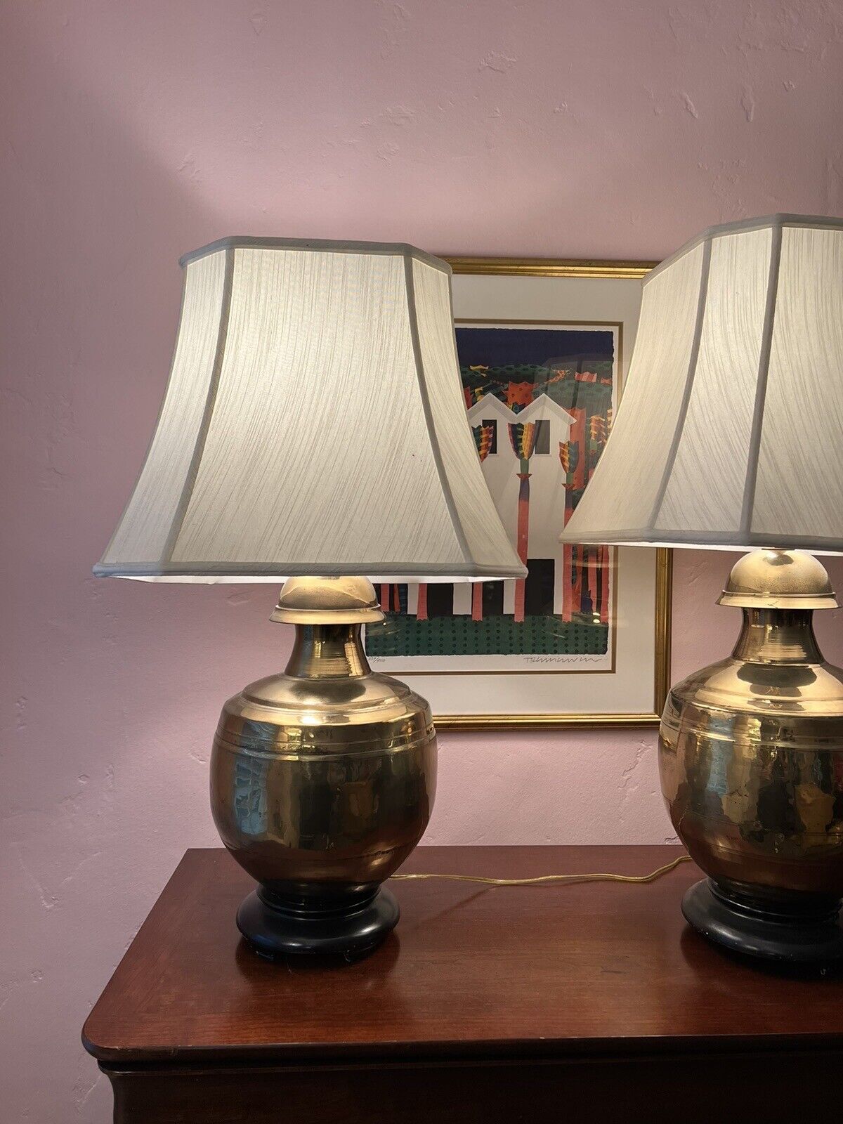 PAIR MARVELOUS MARBRO MIDCENTURY POLISHED BRASS TABLE LAMP decorators dream