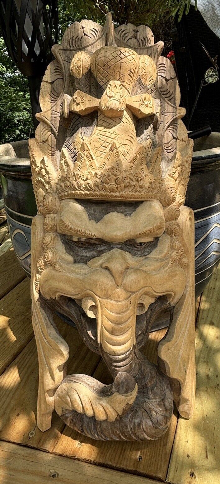 Beautiful Large Wooden Carved Mask With Elephant Trunk, Two Toned Wood, Amazing