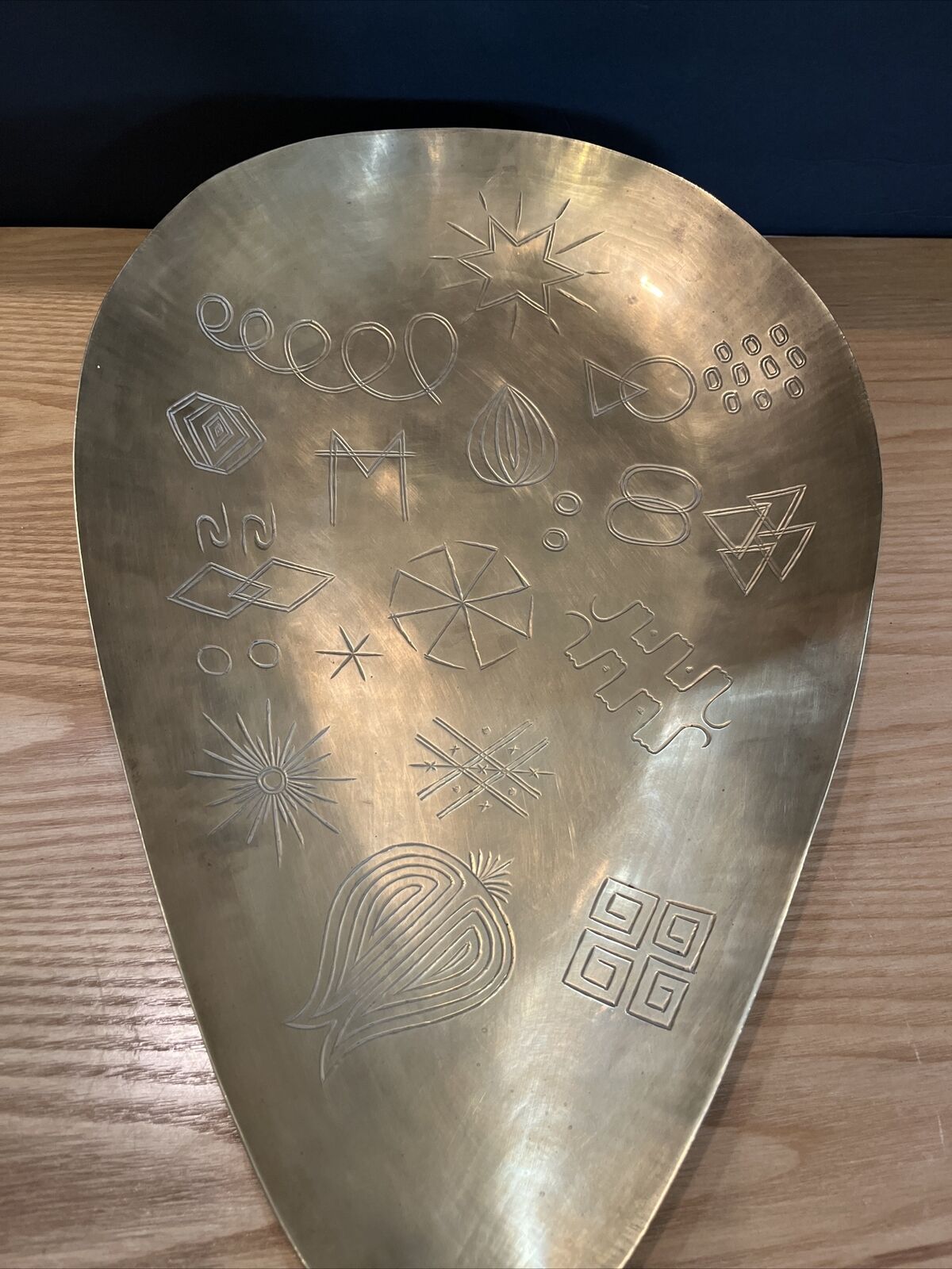 Designer Brass Tray MCM Symbols Hieroglyph  Rare 19” X 13 Oval Shape High End