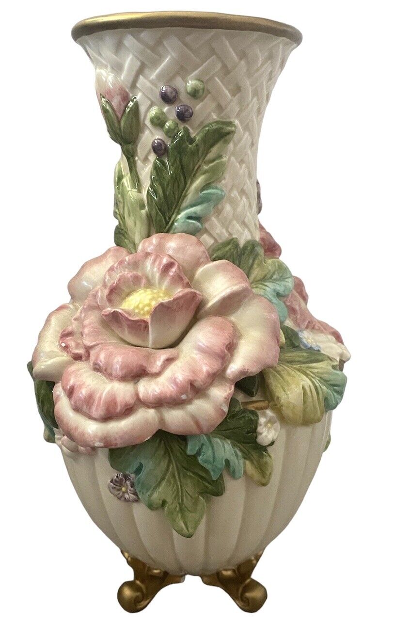 Vtg Fitz and Floyd Les Fleurs Vase Easter Spring 3D Flowers Pastels Floral Gold