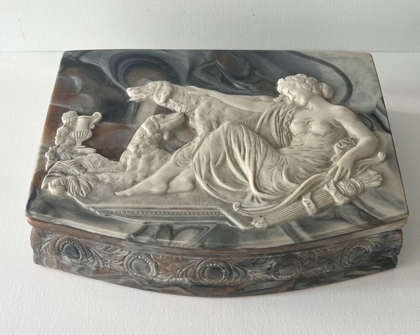 Genuine Incolay Stone Jewelry Trinket Box Victorian Art Nouveau Woman With Dogs
