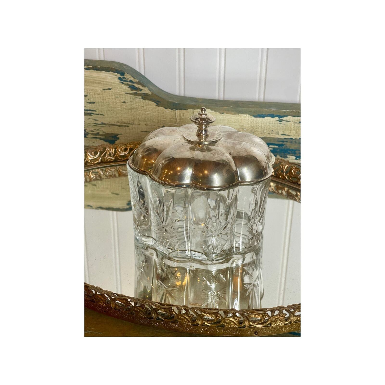 Vintage Godinger Cut Crystal Glass Trinket Vanity Box with Silver Plated Lid