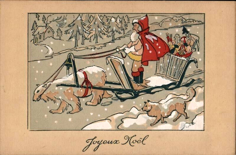 Rare~Art Nouveau ~Santa  on Polar Bear Drawn Sleigh A/s L.P.R Christmas Postcard