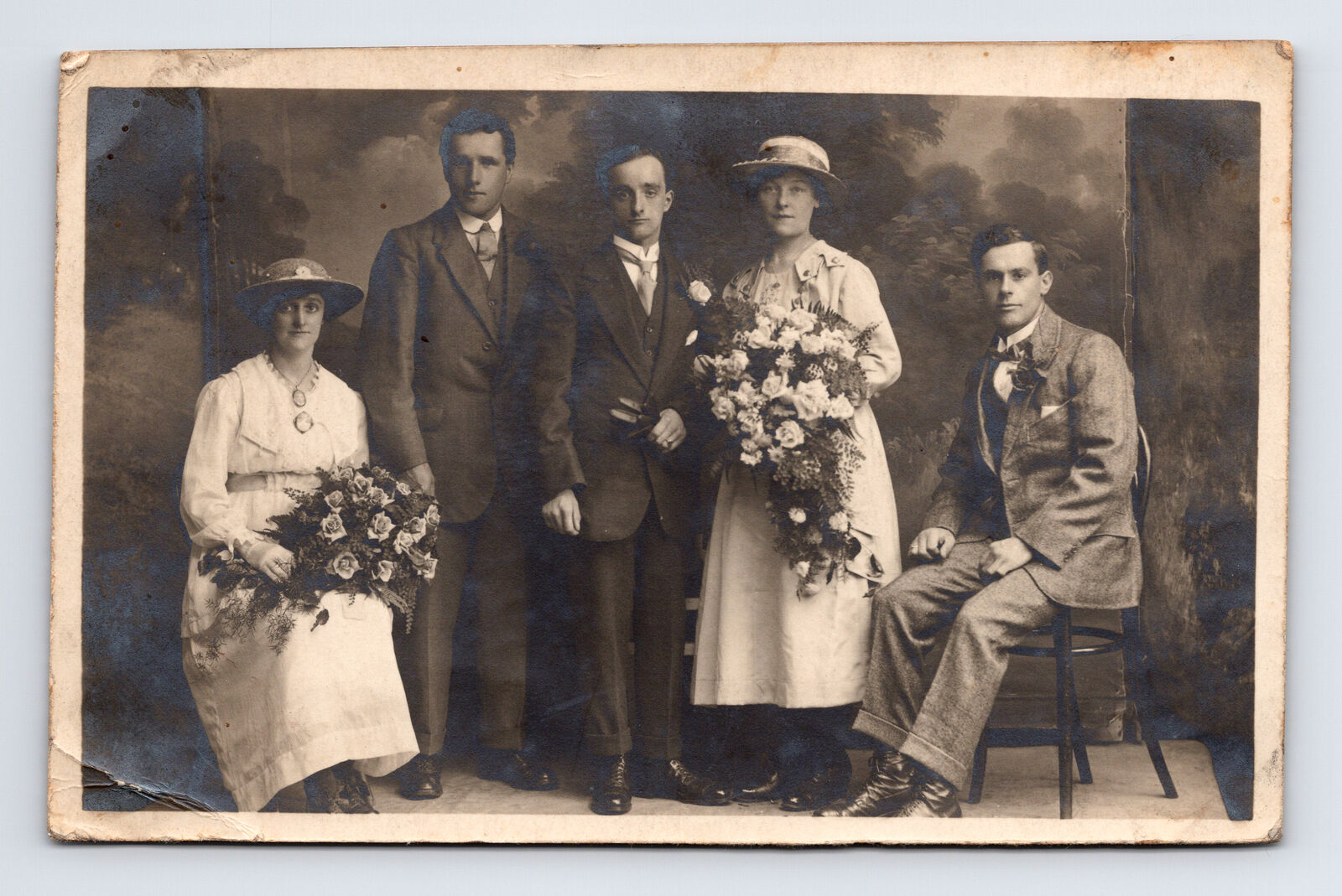 RPPC Wedding Portrait Hats Rose Flower Bouquets Names Burnley UK Postcard