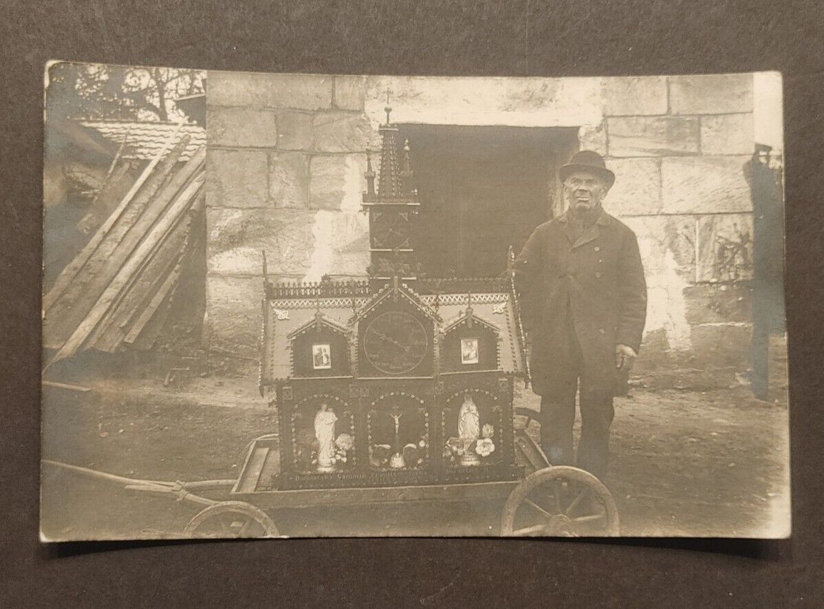 Early 1900's RPPC Man With Religious Preparations On Wagon Postcard