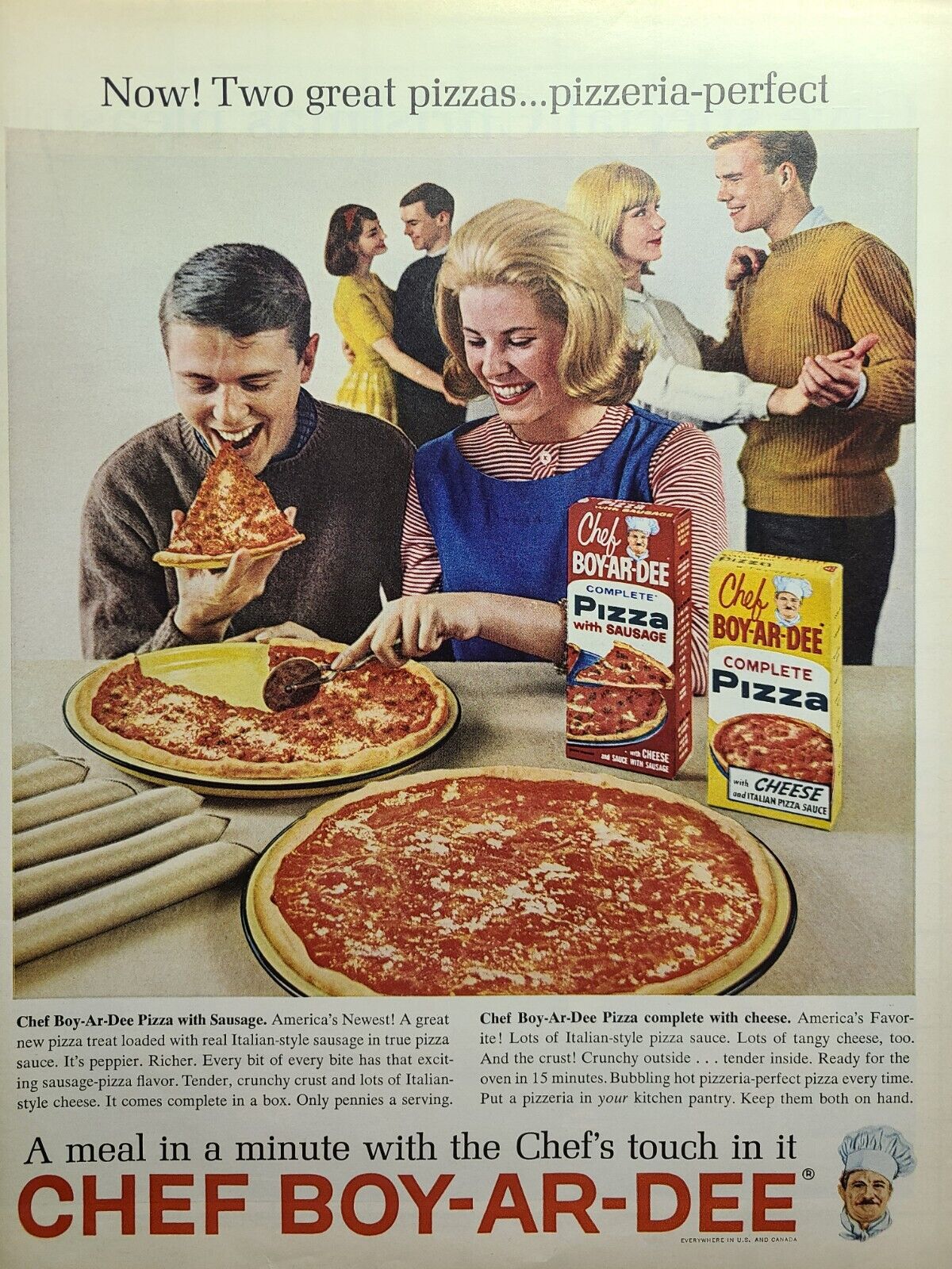 Vintage Print Ad 1960\'s Chef Boy-Ar-Dee Complete Cheese Pizza Sausage Box Dinner