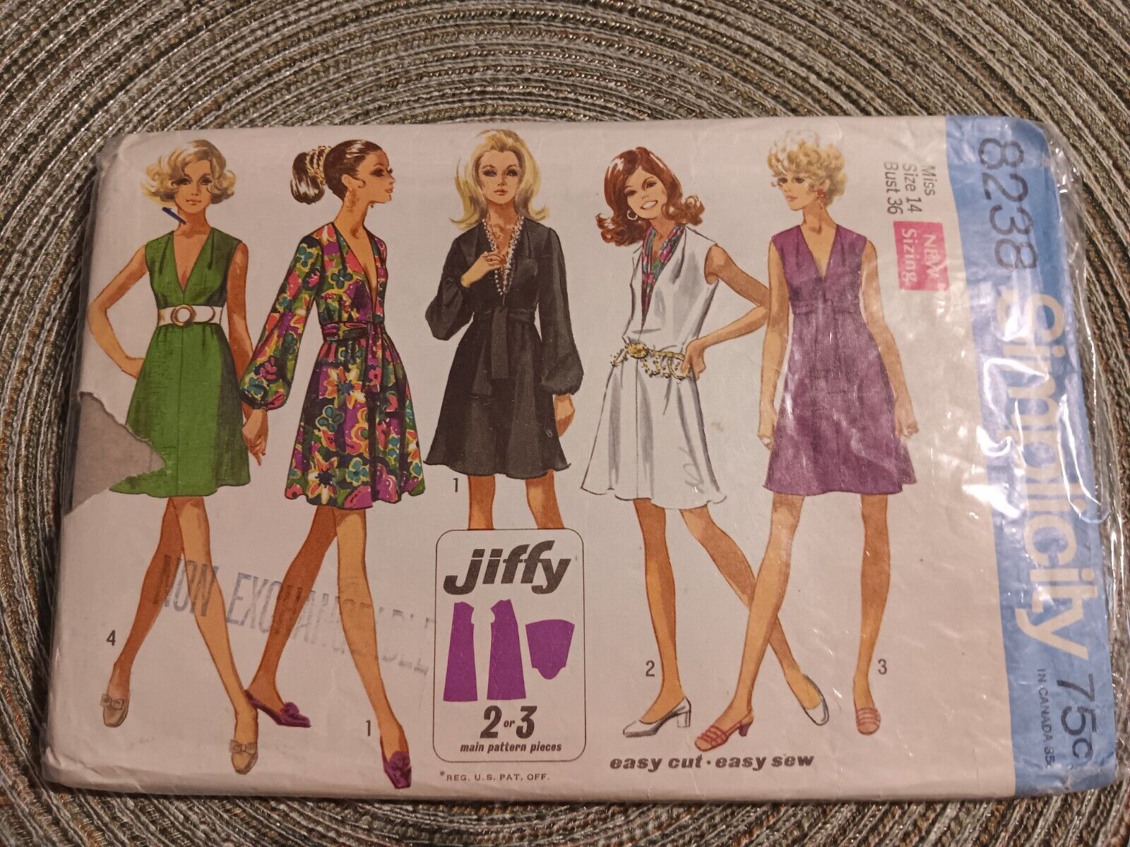 1969 Simplicity Sewing Pattern 8238 Womens Jiffy Dress Vintage Bust 36 Sz 14