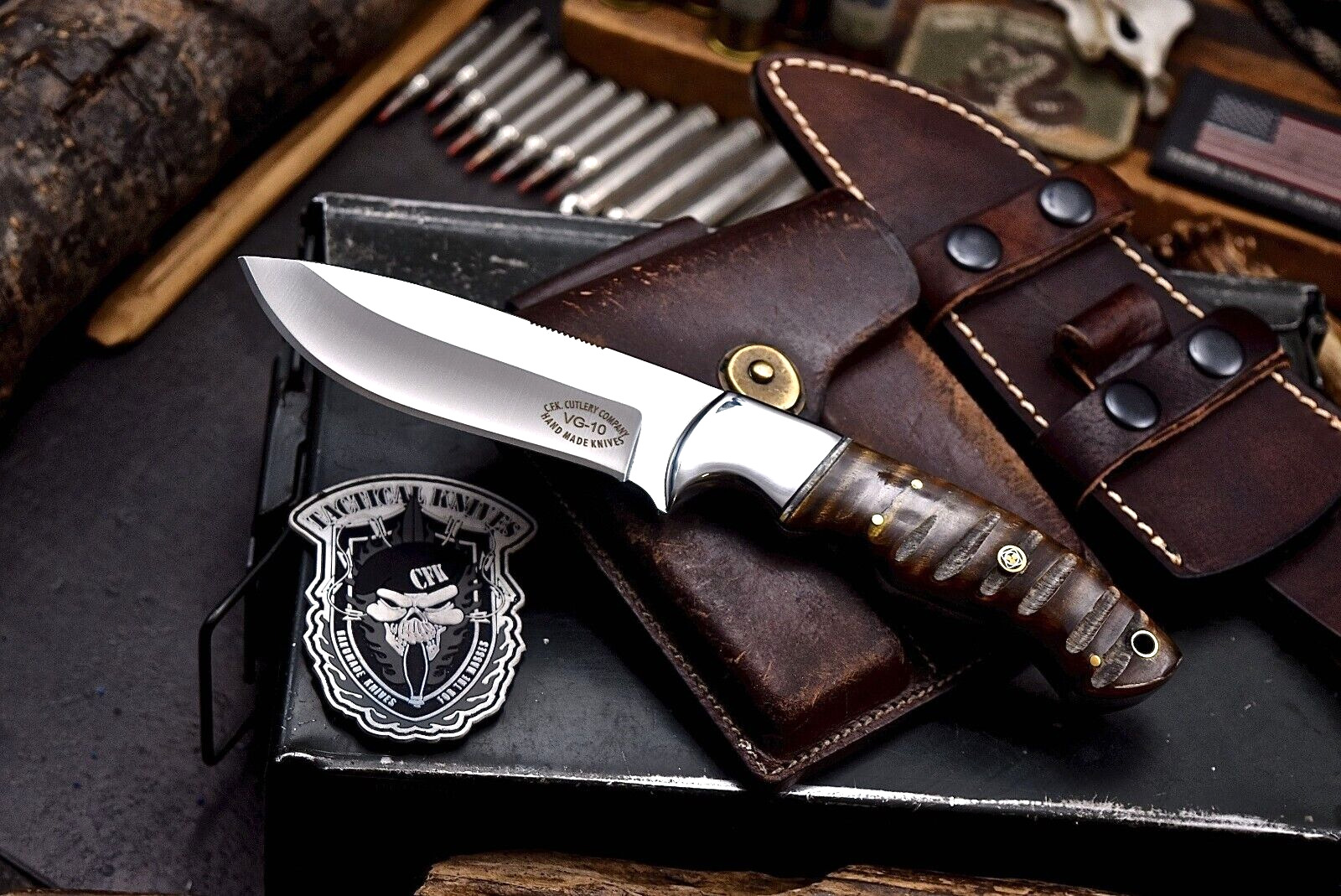 CFK Handmade VG10 Custom SHEEP HORN Large Hunting Skinner Camping Sport Knife