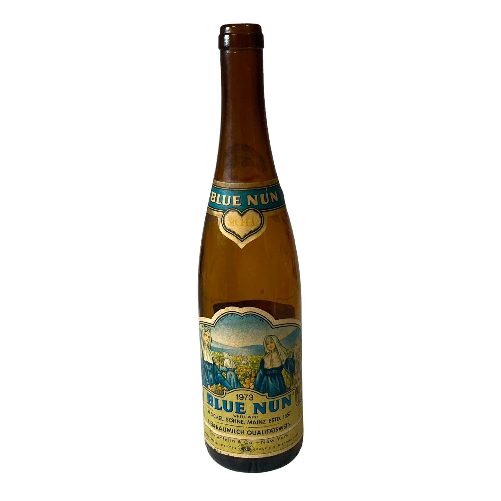 1972 Blue Nun Sichel White Wine Paper Bottle Schieffelin New York Germany VTG