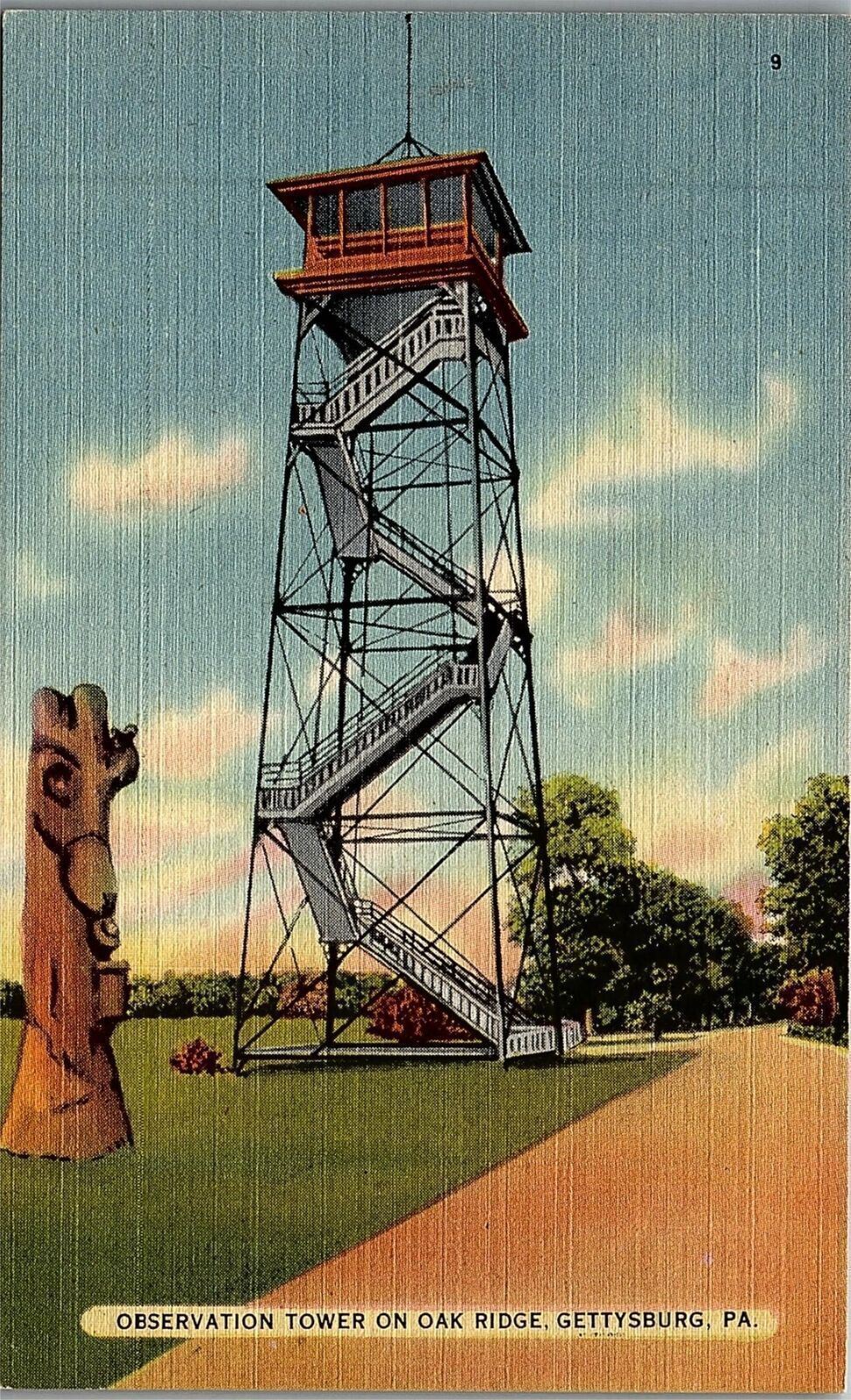 1930s GETTYSBURG PA OBSERVATION TOWER ON OAK RIDGE LINEN POSTCARD 29-205