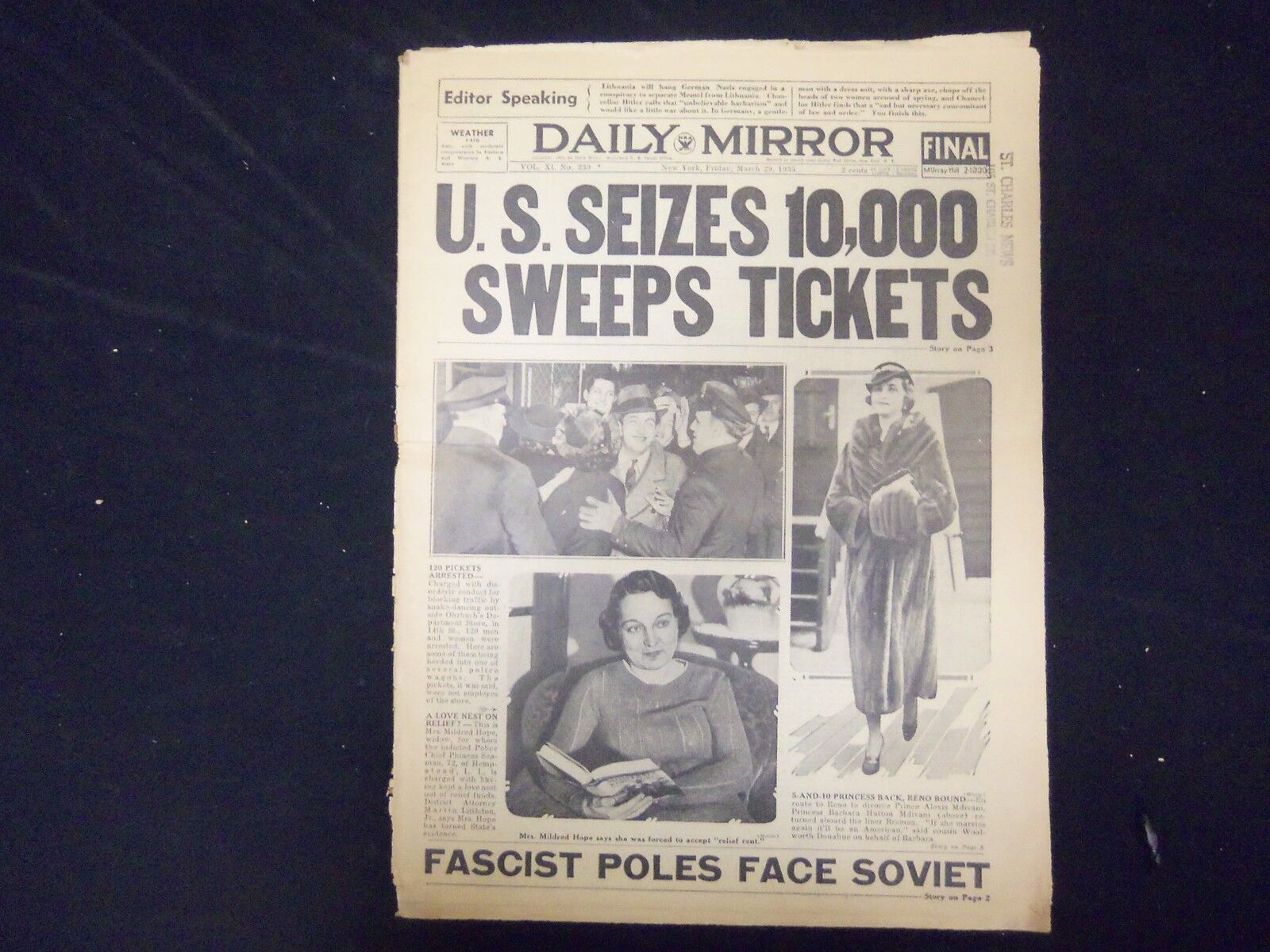 1935 MARCH 29 NEW YORK DAILY MIRROR- U.S. SEIZES 10,000 SWEEPS TICKETS - NP 2134