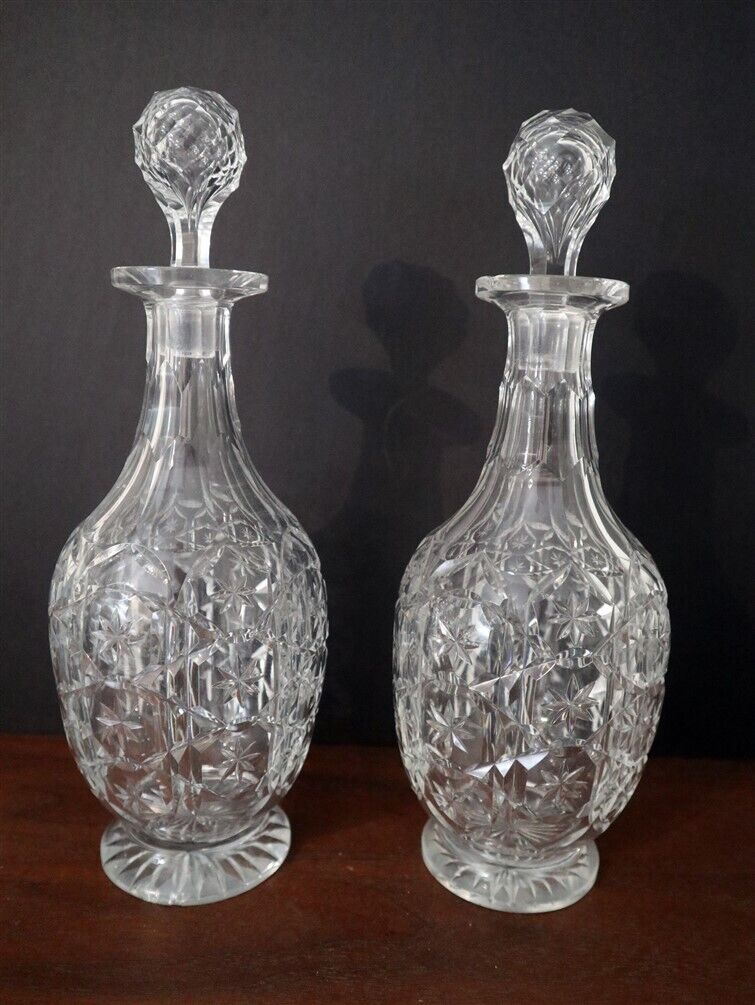 Exceptional Matching Pair Edwardian ca1920 Star Cut Crystal Decanters 
