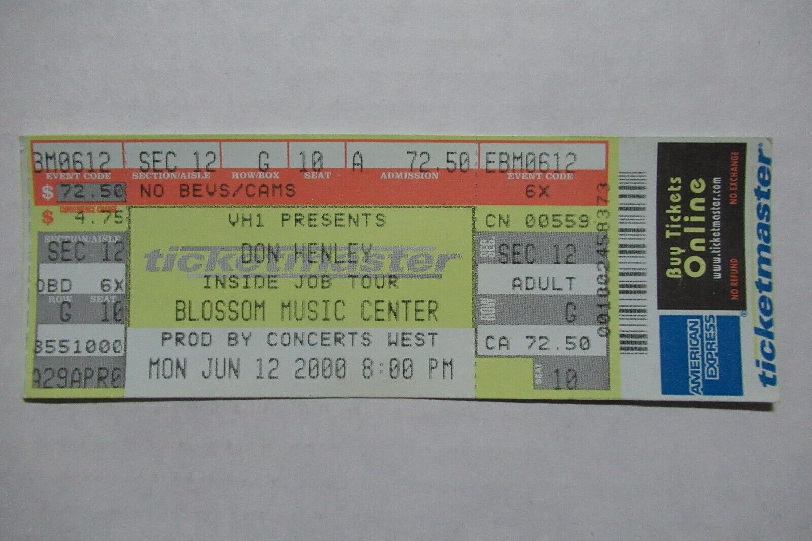 DON HENLEY CONCERT INSIDE JOB TOUR 6/12/2000 FULL TICKET BLOSSOM CUYAHOGA FALLS