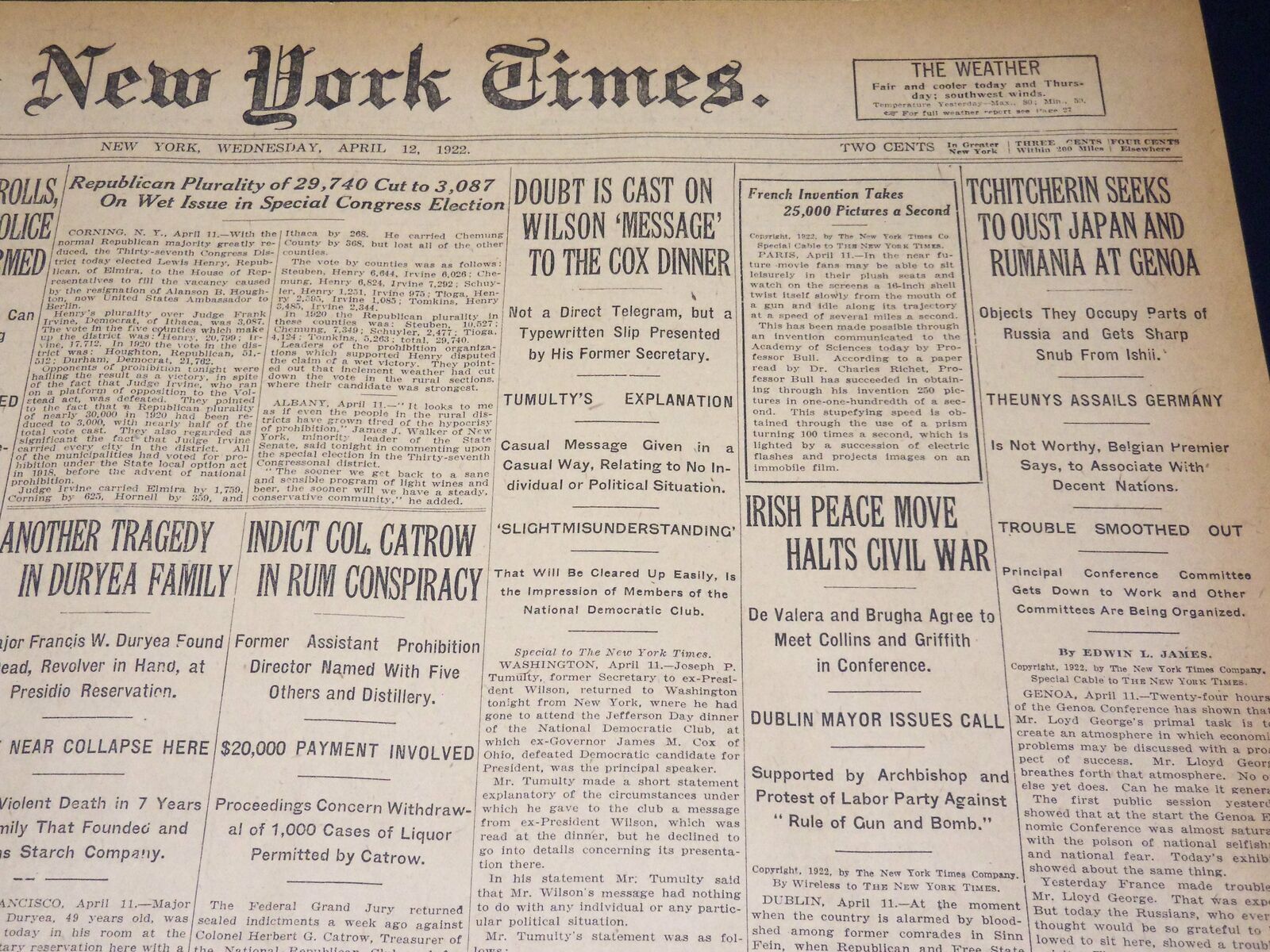 1922 APRIL 12 NEW YORK TIMES - IRISH PEACE MOVE HALTS CIVIL WAR - NT 8576