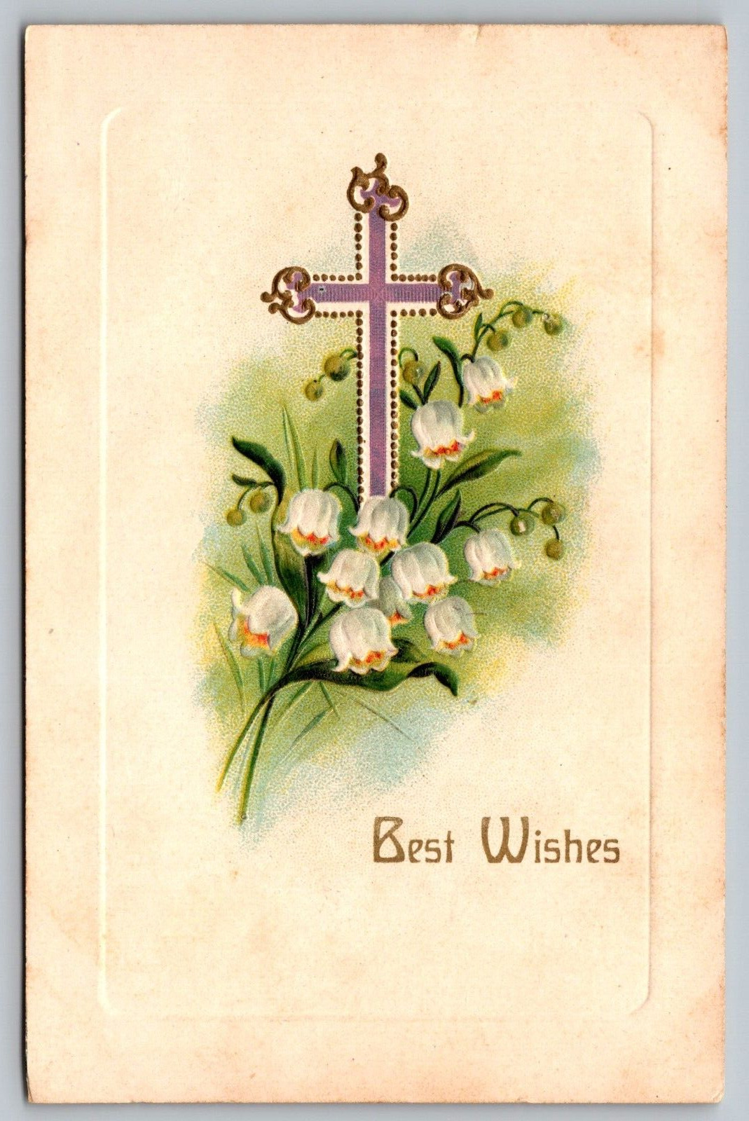 Postcard Best Wishes Greetings Purple Cross & Lily Of The Valley VTG c1913  I5