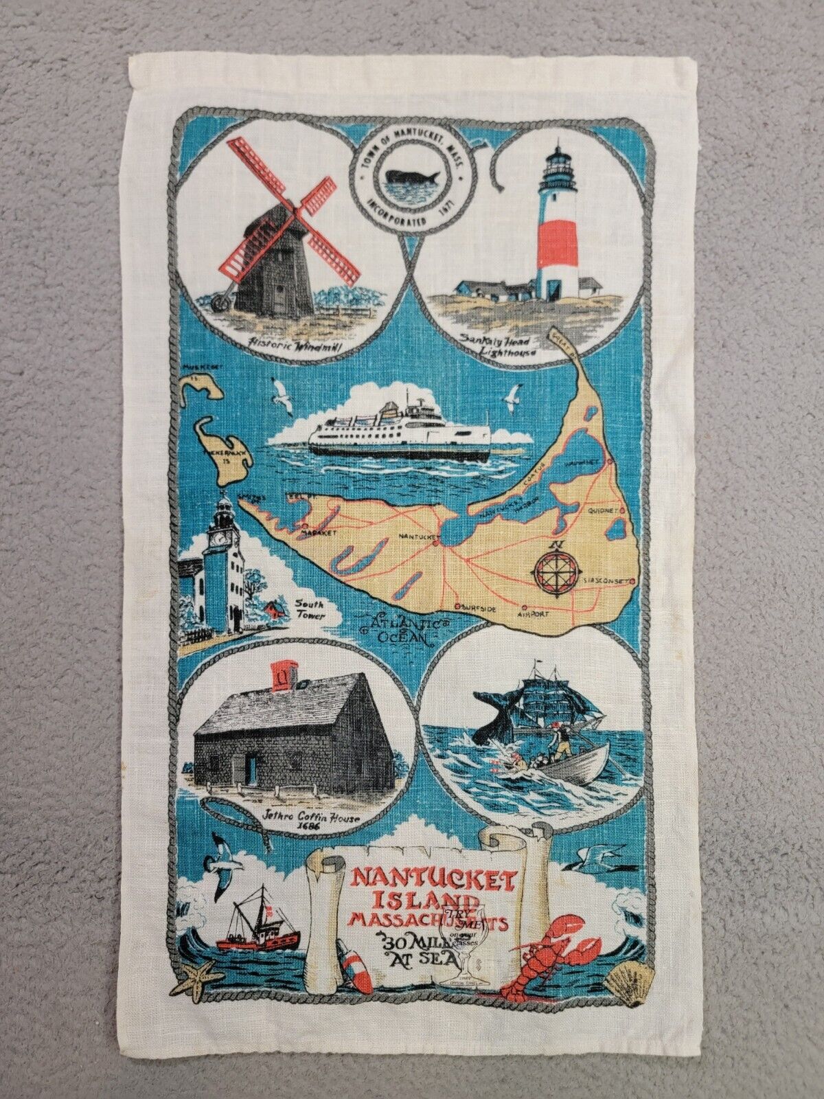 Nantucket Island Massachusets Linen Towel Souvenir Vintage Lighthouse Nautical 