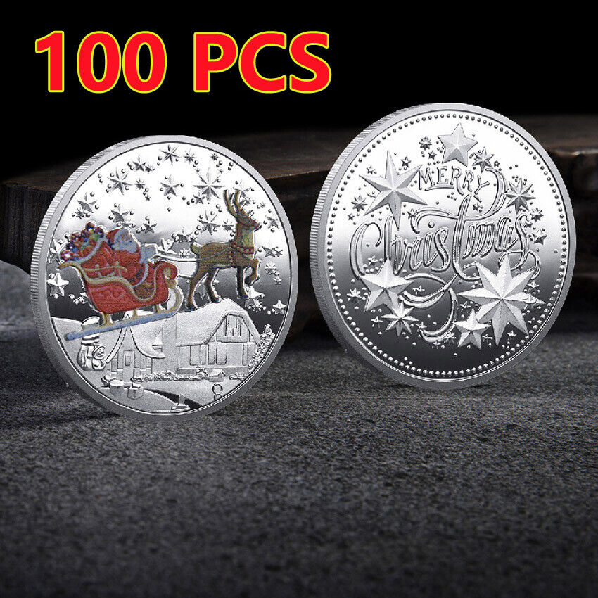 100PCS Merry Christmas Santa Claus Coin Colorful Embossed Medals Commemorative