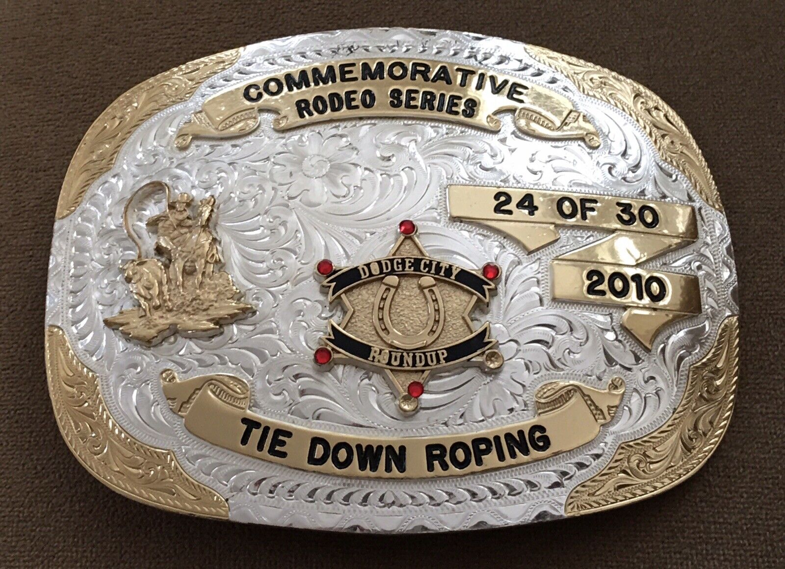 Rare  #24 / 30 PRCA 2010 Dodge Roundup Rodeo Tie Down Roping Trophy Belt Buckle