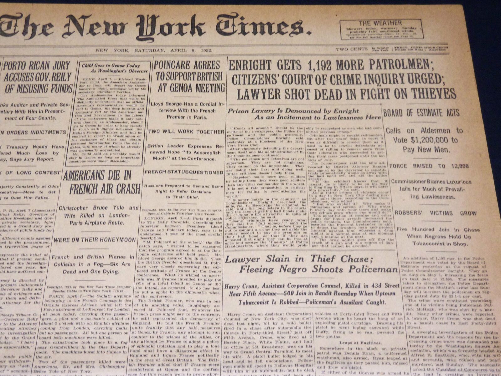 1922 APRIL 8 NEW YORK TIMES - ENRIGHT GETS 1192 MORE PATROLMEN - NT 8580