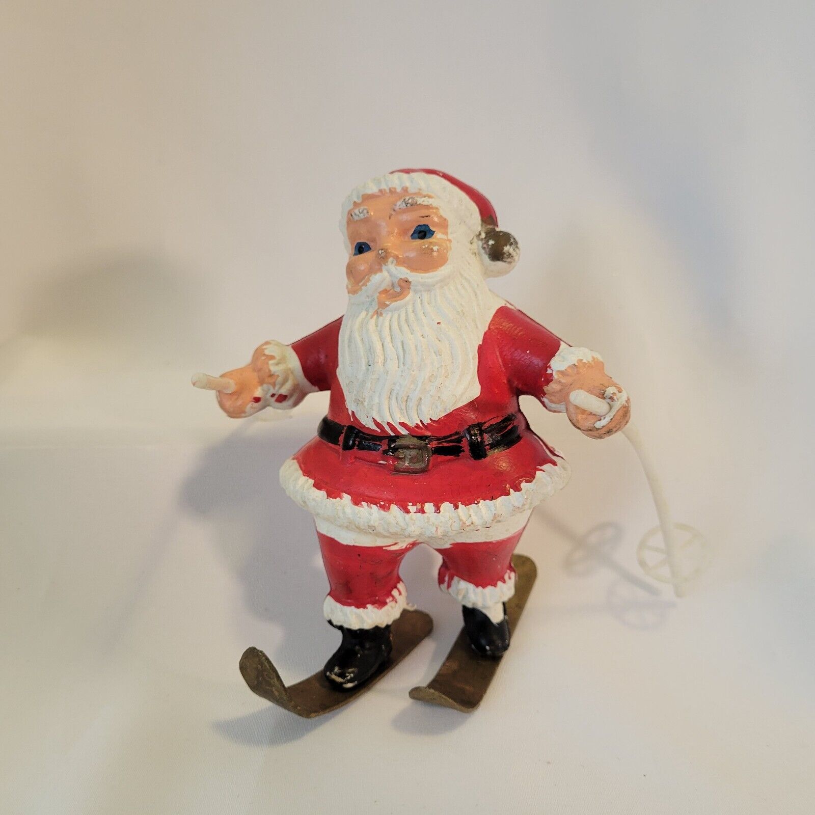 Vintage Christmas Hand Painted Plastic Skiing Santa 4.5” Tall Kitchy MCM