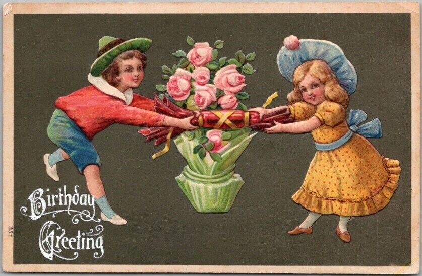 c1910s BIRTHDAY GREETINGS Embossed Postcard Boy & Girl / Party Cracker / Roses