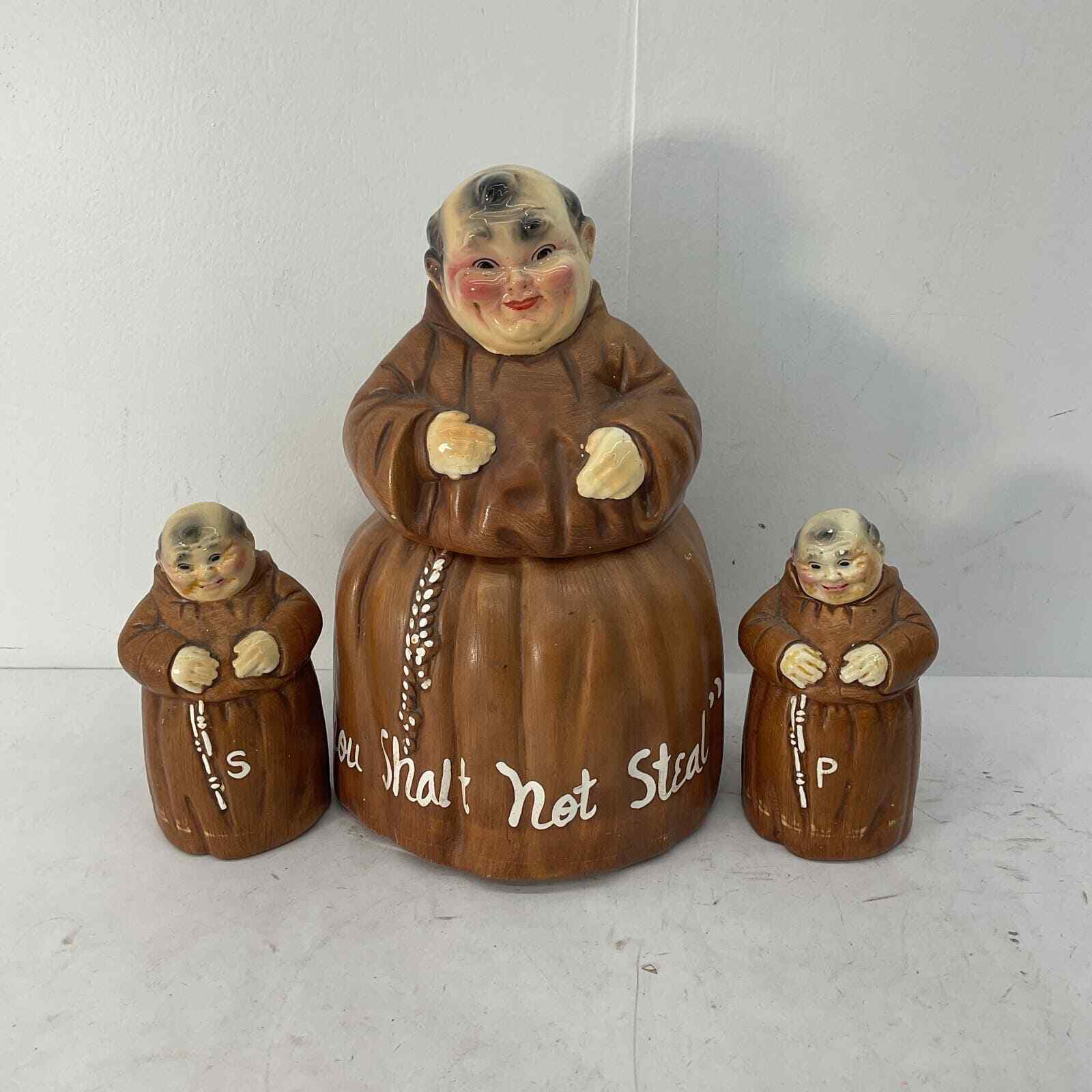 VTG Twin Winton Friar Monk Cookie Jar Salt Pepper Shakers Thou Shalt Not Steal