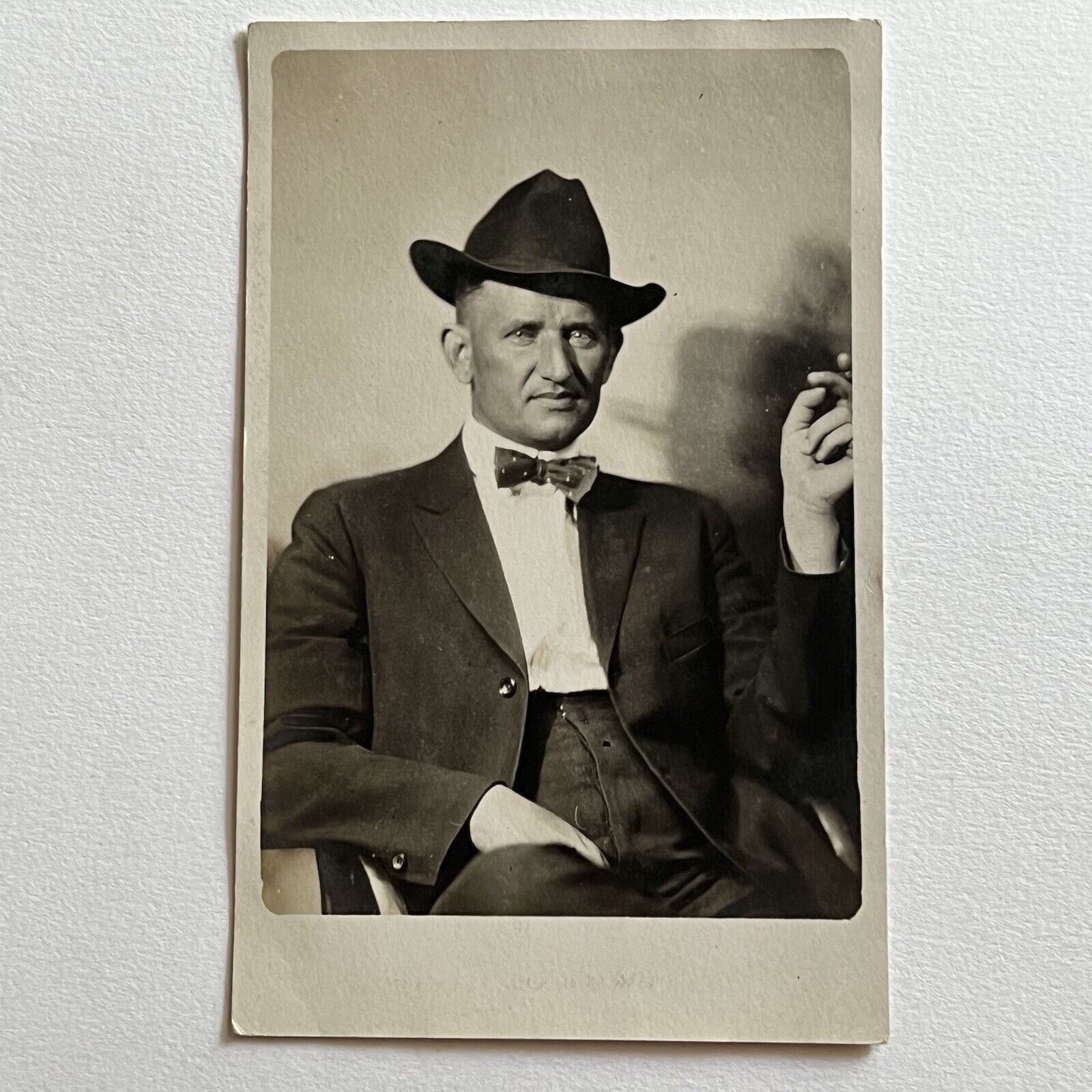 Antique RPPC Real Photograph Postcard Dapper Man Attitude Cowboy Hat Bow Tie