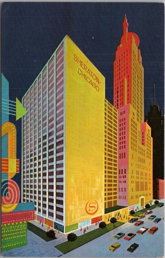 c1960s CHICAGO IL Postcard SHERATON HOTEL Michigan Ave. / Artistic Street View