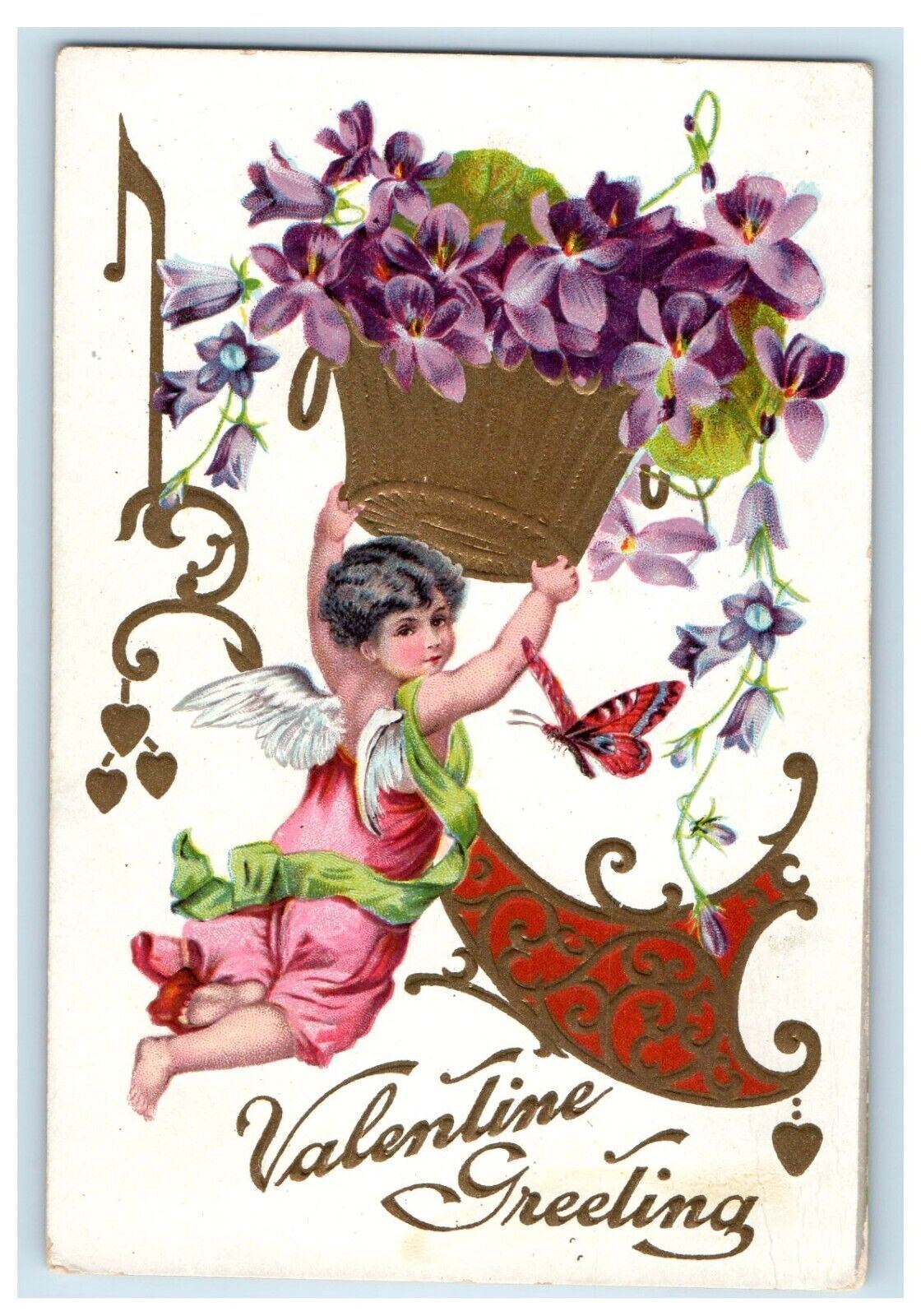 c1910's Valentine Floating Angel Butterfly Basket Of Flowers Embossed Postcard