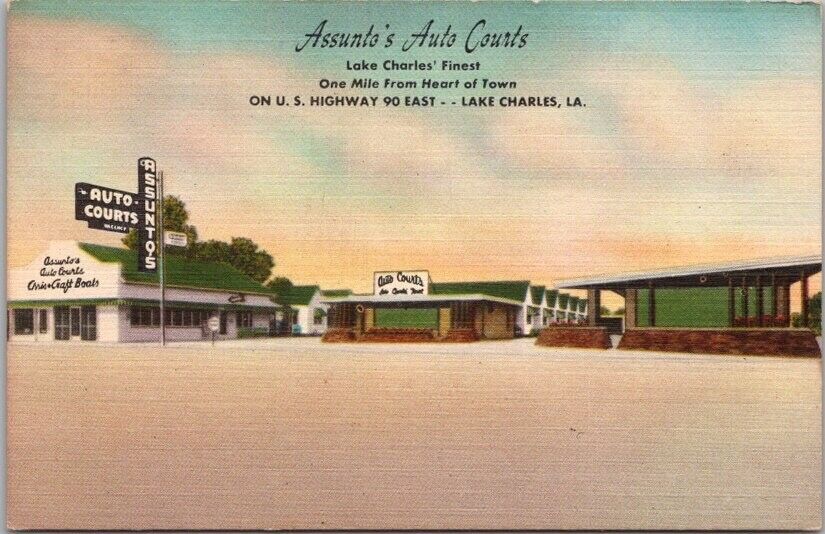 c1950s LAKE CHARLES, Louisiana Postcard ASSUNTO\'S AUTO COURTS Highway 90 Linen