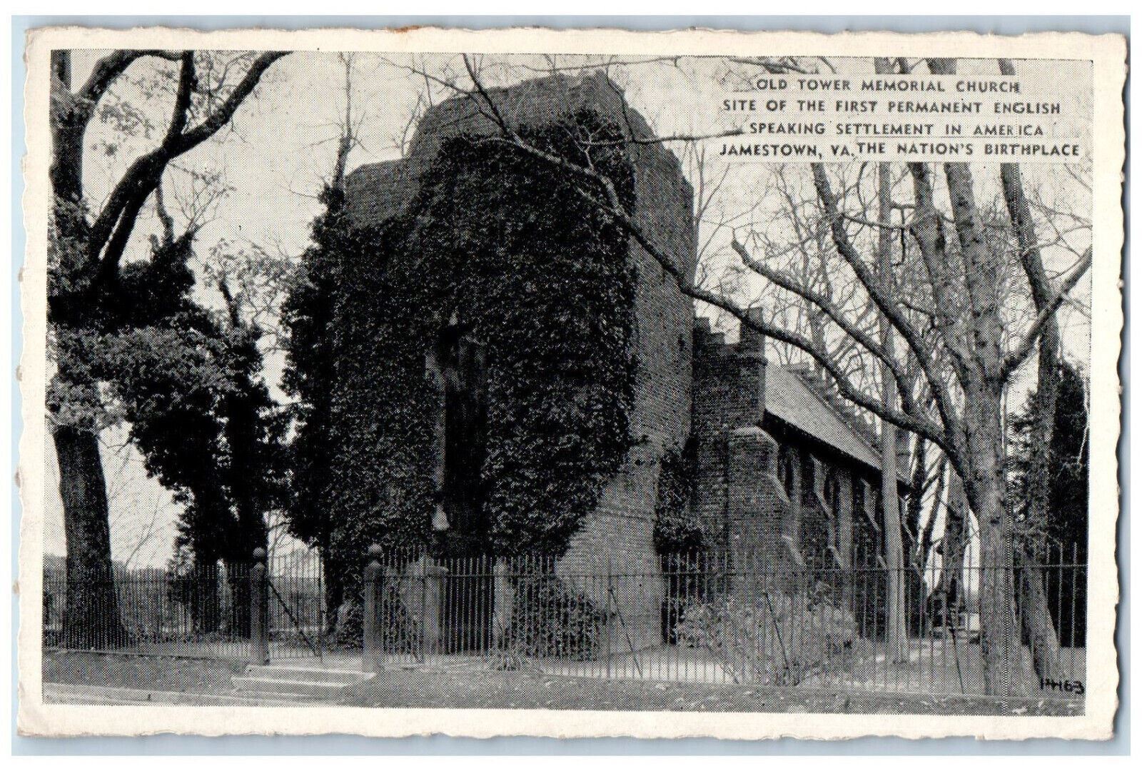 c1920's Old Tower Memorial Church, Nation's Birthplace Jamestown VA Postcard