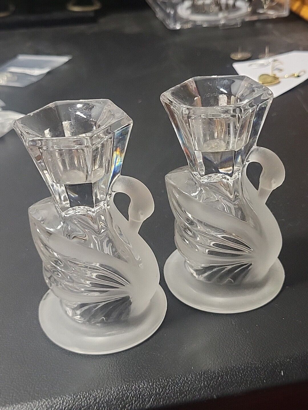 Vintage  Crystal  Swan Candle Holders Frosted Crystal Set Of 2 