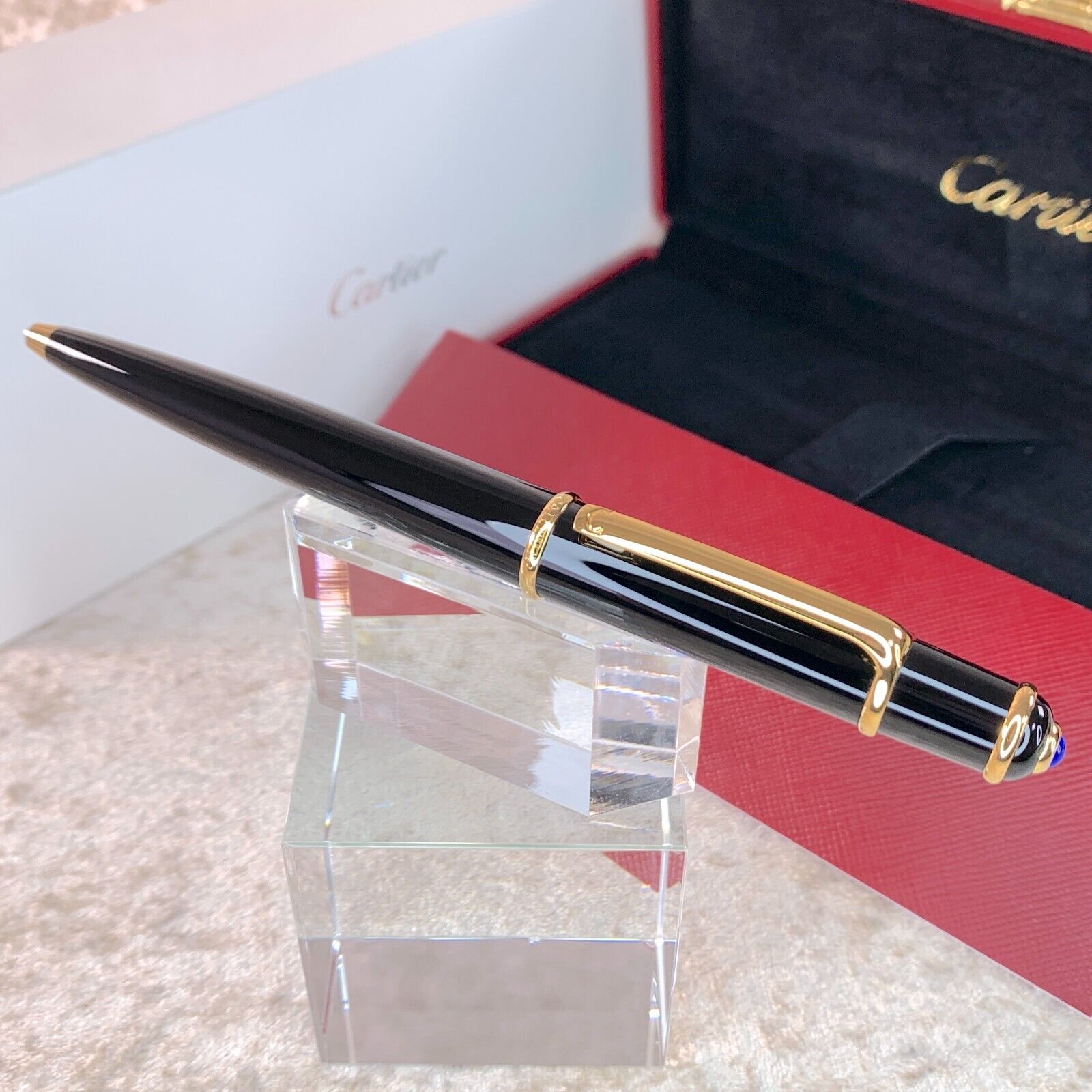 Cartier Ballpoint Pen Diabolo Black Resin 18k Gold Finish w/Box&Papers