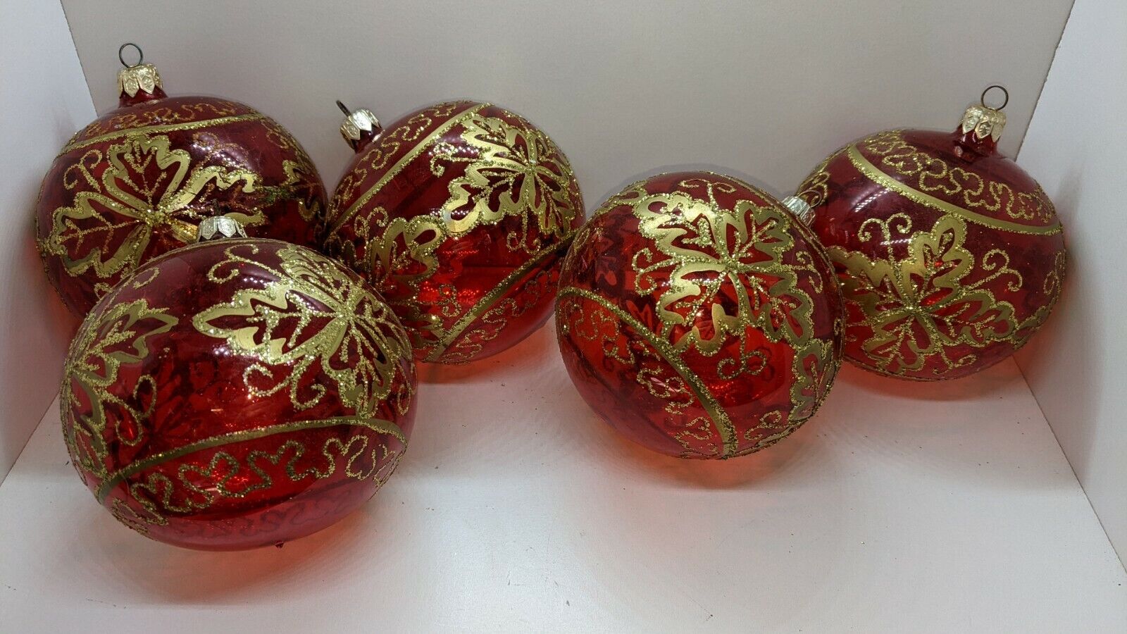 5 Vintage HandBlown Red Gold Decorated Glass Christmas Tree Ornament Poland
