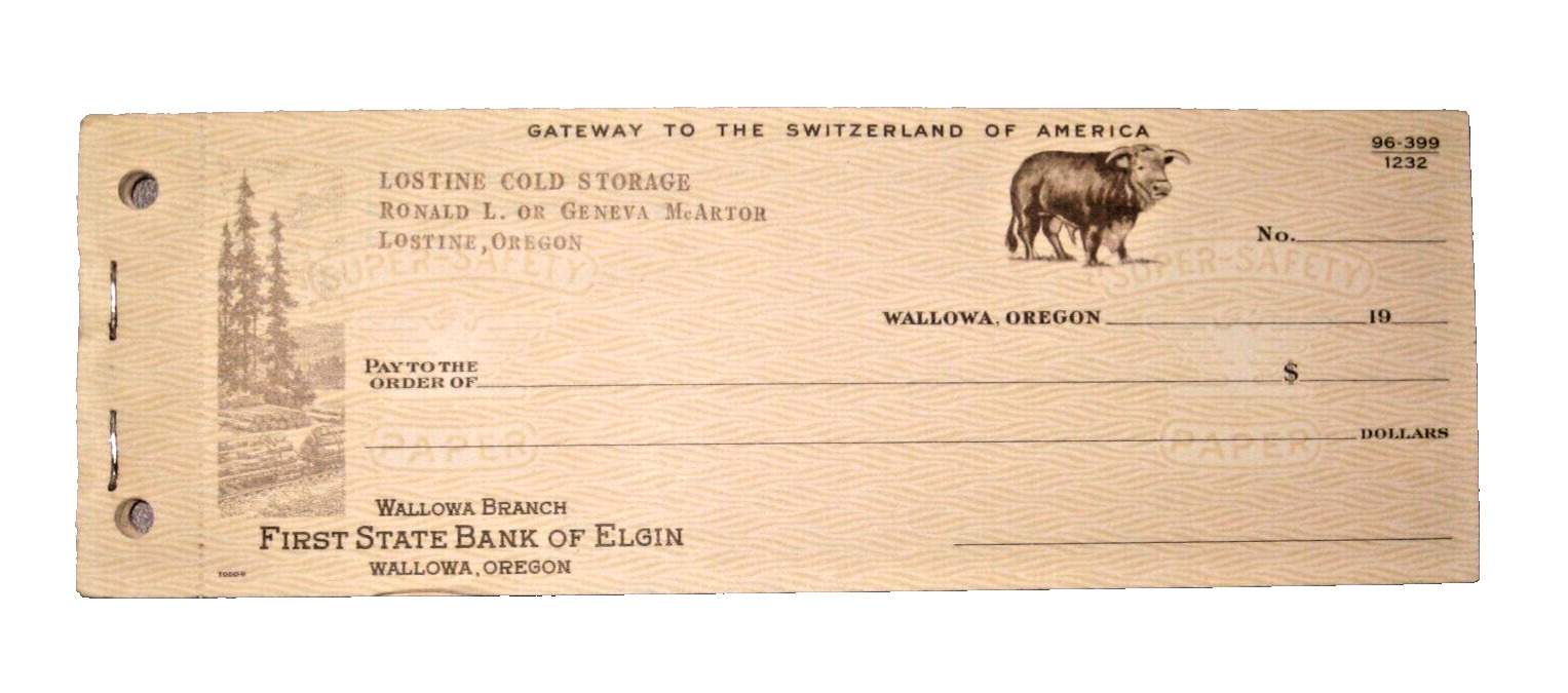 Vintage Wallowa Bank of Elgin Oregon CHECKS Gateway to Switzerland of America